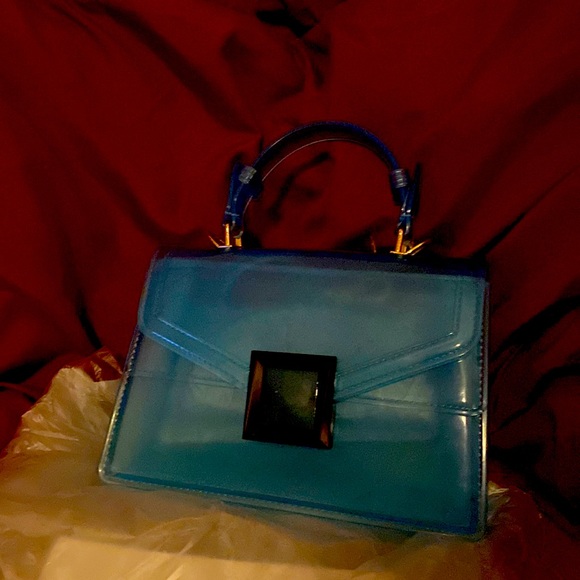 Teal, see through, hand bag with detachable shoulder strap. - Picture 1 of 5